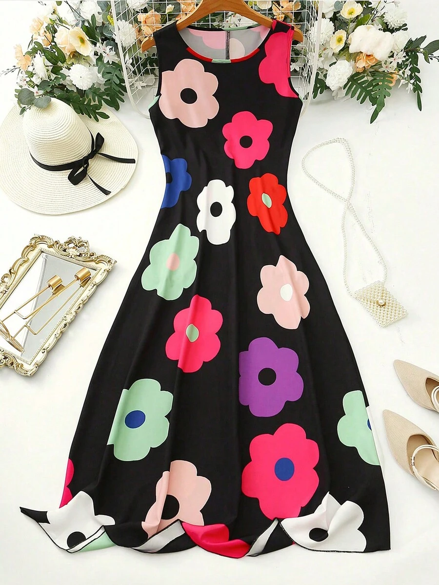 SHEIN LUNE Black Floral Print Sleeveless Loose Dress - Black - View 1
