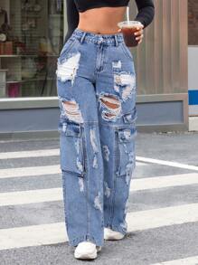 SHEIN ICON Vaqueros de pierna ancha rasgados y holgados para uso informal