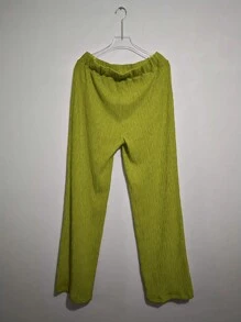 INAWLY Plus Size Solid Color Round Neck Casual Drop Shoulder Sleeve Summer Top And Pants Two Pieces Set - Green - View 4