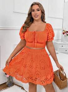 Sunnyshic Plus Size Summer Casual Solid Color Hollow Out Embroidered Puff Sleeve Shirt And Skirt Two-Piece Set - Burnt Orange - View 3