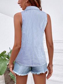 EMERY ROSE Women's Casual Single-Breasted Blue & White Striped Sleeveless Loose Shirt - Blue and White - View 2