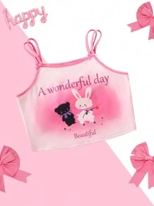 Teen Girl Lovely Printed Tank Top With Slogan - Pink - View 1