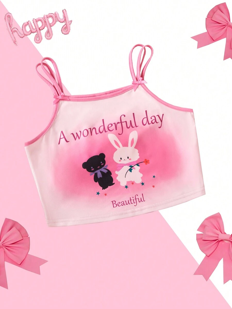 Teen Girl Lovely Printed Tank Top With Slogan - Pink - View 1