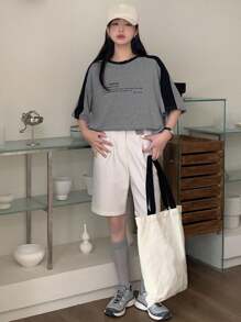 DAZY Slogan Print Colorblock Drop Shoulder T-Shirt HEARTEN LIFE IS MEANT TO BE ENJOYED AND WE SHOULD MAKE THE MOST OF EVERY MOMENT AND CHERISH THE PEOPLE AND EXPERIENCES THAT BRING US JOY SEIZE THE DAY - Grey - View 2