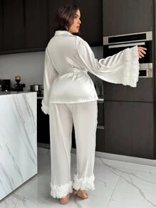 SHEIN Multi-Layered Lace Wide Sleeve Silk Imitation Plus Size Women's Pajamas Set With Pants White Set, Fall Winter Clothes - White - View 2