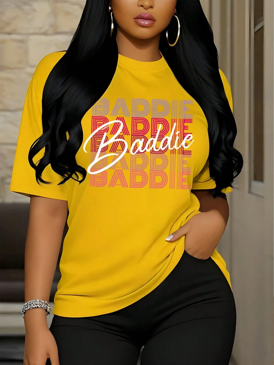 SHEIN Slayr Áo thun trễ vai đơn giản mùa hè dành cho nữ có in chữ, cổ tròn, dáng rộng - Màu vàng - Xem 1