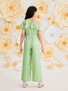 SHEIN Tween Girl's Beach Holiday Plaid Asymmetrical Neck Jumpsuit With Ruffle Hem - Green - View 2