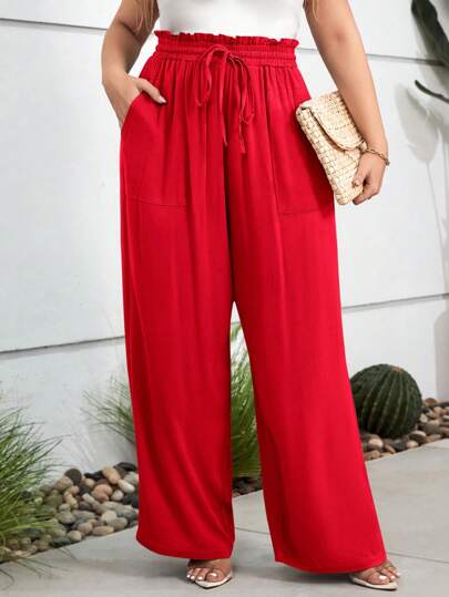 SHEIN LUNE 大码女式假日纯色阔腿裤，带荷叶边、腰带和口袋