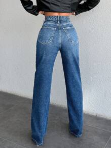 SHEIN Cottnline Women's High Waist Pockets Straight Leg Casual Versatile Jeans - Blue - View 2