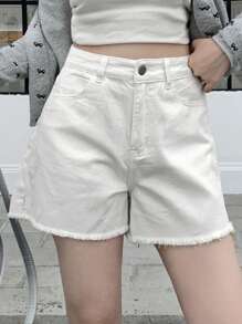 DAZY 女士口袋拼接毛邊休閒牛仔短褲 - 白色 - 查看 3