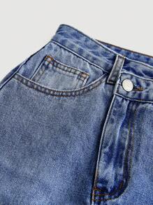 SHEIN MOD 女士牛仔休闲性感前高开叉不对称下摆裙子 - 淺色水洗藍 - 查看 3