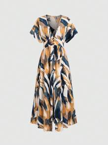 RosyDaze Đầm Maxi In Họa Tiết Tay Cánh Dơi Kiểu Pháp Cài Nút Phía Trước Có Viền Xẻ Tà Trang Phục Cho Nữ - Màu vàng - Xem 4