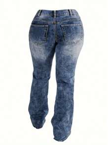 大尺寸女性寬鬆直筒帶口袋牛仔褲，適合休閒穿著 - 藍色 - 查看 3