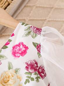 Baby Girl Elegant Flower Printed Mesh Contrast Puff Sleeve Waist-Cinched Dress, Summer - White - View 5