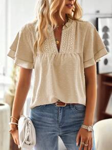 SHEIN LUNE 女士夏季純色寬眼頸線條對比蕾絲荷葉邊短袖寬鬆上衣 - 杏色 - 查看 5