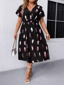 SHEIN Clasi Plus Size Summer Casual Feather Allover Print Dress With Pleated Waist Maxi Women Outfit