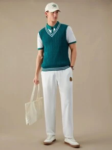 Manfinity RebelGame Men Striped Trim Sweater Vest Without Tee,Back To School - Dark Green - View 5