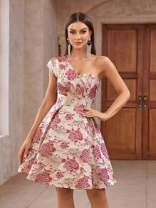 SHEIN Belle 优雅、华丽、可爱、美丽和浪漫的女性粉色提花不对称颈部褶皱装饰，高腰 A 字形轮廓，雨伞秋千，适合音乐节、度假季、返校季、毕业季、舞会、下午茶、约会、聚会、鸡尾酒会和其他正式场合半正式礼服舞会婚礼宾客礼服，适合生日、晚宴、返校派对礼服 - 玫紅色 - 查看 8