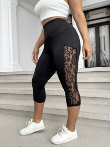 Elenzga Plus Size Women's Solid Color Lace Splicing Slim Fit Capri Leggings