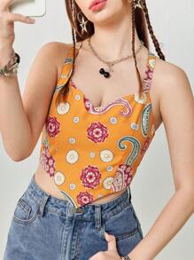 SHEINNeu 女款交叉綁帶印花腰間背心上衣