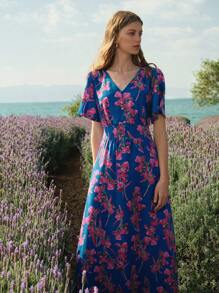 MOTF PREMIUM Vải in hoa Cổ chữ V Tay áo hình bướm Đầm - Nhiều màu - Xem 10