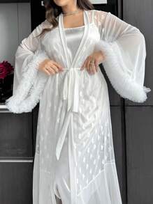 SilkySpell 2pcs Heart Pattern Mesh Robe With Wide Sleeves And Satin Slip Dress Set White Set - White - View 4
