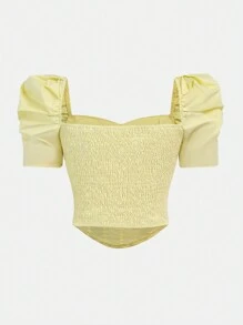 SHEIN Teen Girl Woven Arc Hem Casual Holiday Short Sleeve Blouse With Lamb Leg Sleeves - Mustard Yellow - View 2