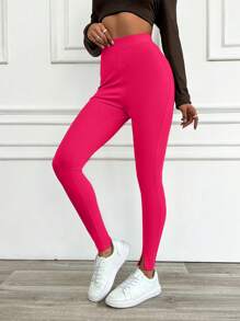 EURMUSE Solid Split Hem Leggings - Hot Pink - View 5