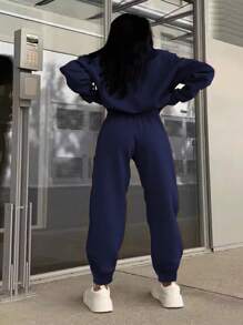 Maweii Damen Große Größen Reißverschluss Halbeleiste Sweatshirt Und Sweatpants Set - marineblau - Übersicht 2