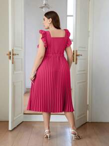 SHEIN Privé Plus Size Elegant Commuter Pleated Solid Midi Dress With Ruffle Sleeves, Summer