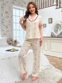 CottageSlumber 女士睡衣套装，花卉印花和心形领口，节日季节，丰富的花卉图案，舒适优雅的细节 - 杏色 - 查看 6