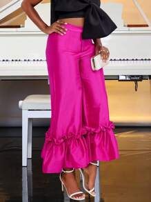 Ruffle Trim Solid Color Loose Wide Leg Elegant Party Pants, For Wedding Guest - Hot Pink - View 1