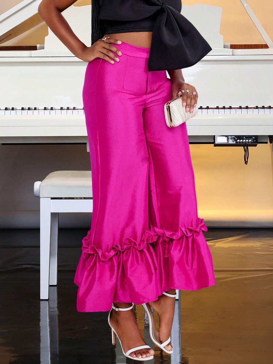 Ruffle Trim Solid Color Loose Wide Leg Elegant Party Pants, For Wedding Guest - Hot Pink - View 1
