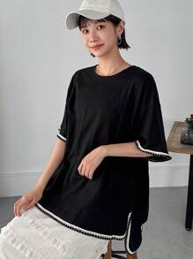 FRIFUL Women's Summer Loose Round Neck T-Shirt With Wide Sleeves And Cuff Splice Design