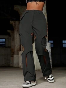 Pantalones cargo de dos tonos con recortes de estilo rave - Negro - Ver 3