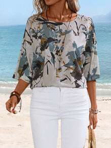 Sylviya Women's Casual Round Neck Printed Simple Daily Shirt (Random Print) - Multicolor - View 5