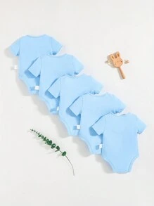 SHEIN 新生兒男寶貝休閒純色圓領短袖連身衣5入組 - 藍色 - 查看 2
