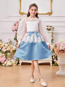 Tween Girl Round Neck Lantern Sleeve Mesh Embroidery Shirt With Detachable Belt & Skirt Set - Blue - View 3