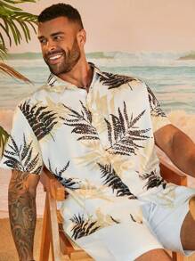 Manfinity Homme Conjunto casual de dos piezas para vacaciones, camisa de manga corta y pantalones cortos con estampado de palmeras para hombre de talla grande - Blanco - Ver 3