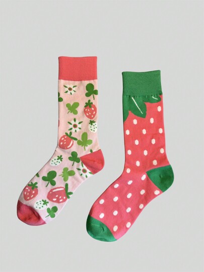 Kawaii Einfache, farbenfrohe, kniehohe Socken für Damen mit Erdbeer Druckmuster