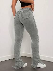 SHEIN ICON High Waisted Flared Jeans With Slit Hem - Light Grey - View 2