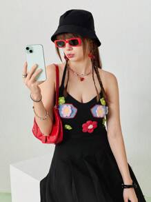 SHEINNeu Women's Summer Floral Short Suspender Black Sweater Vest - Black - View 3
