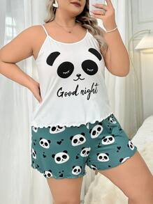 Plus Size Cute Panda Print Summer Tank Top And Shorts Pajama Set