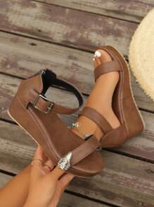 Women's Casual Comfortable Anti-Skid Soft Sole Brown Solid Color Sandals With Round Toe - Brown - View 4