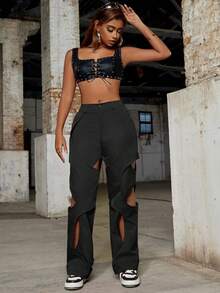 Pantalones cargo de dos tonos con recortes de estilo rave - Negro - Ver 7