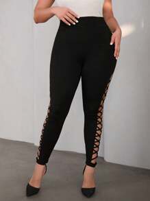 Firerie Plus Size Hollow Out Design Leggings With Straps - Black - View 3