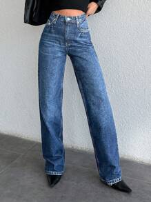 EURMUSE High Waist Straight Leg Jeans - 藍色 - 查看 5