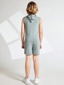 Tween Boy Solid Color Sleeveless Hooded Top And Shorts Summer Sportswear Set