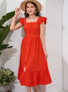 SHEIN Teen Girl Woven Ruffled Flutter Sleeve Open-Front Belted Holiday Dress