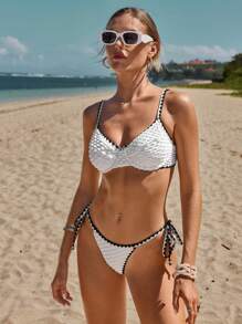 SHEIN Swim Women Summer Beach Vacation Contrast Trim Textured Bikini Set